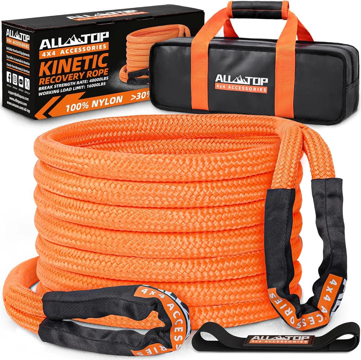 Kinetic Recovery Rope - 1in x 30ft - 48,000 Lbs - Orange Reflective