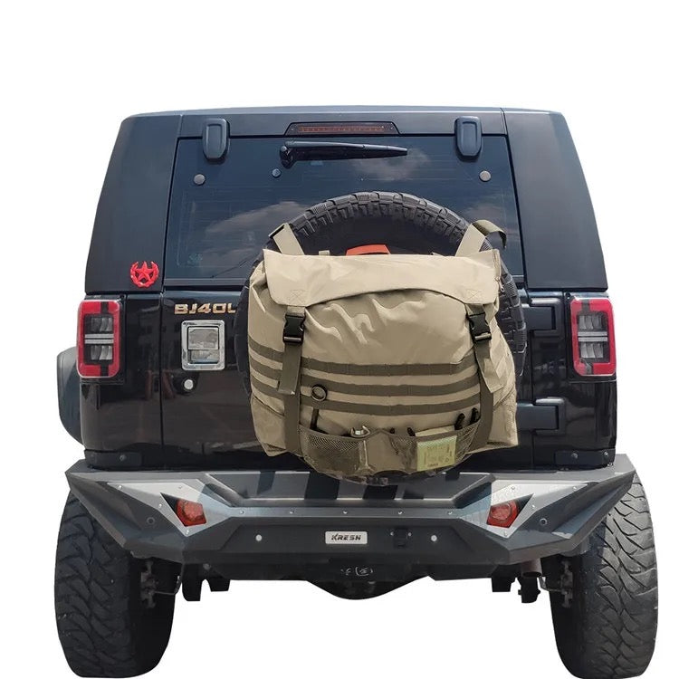 khaki storage bag on spare tire